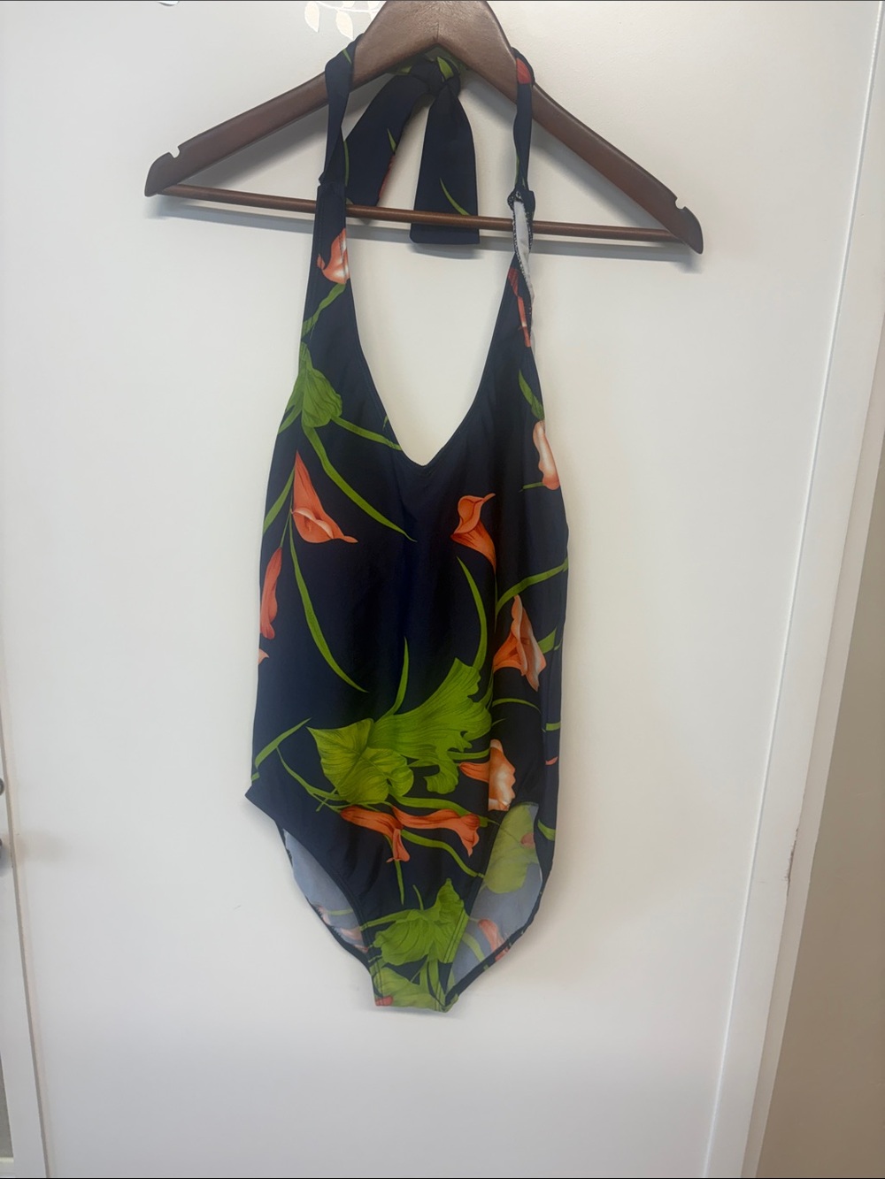 Cherokee Black One-Piece Swimsuit with Green and Orange Floral Print
